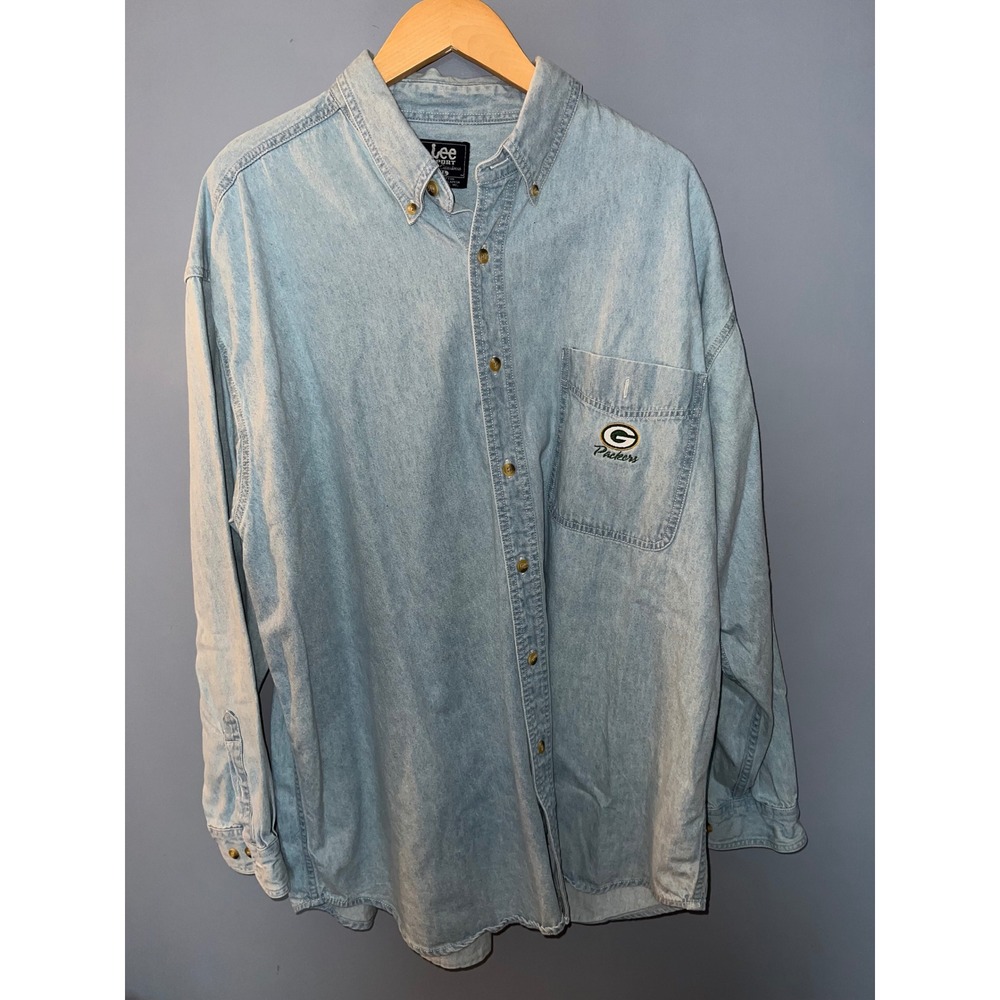 Lee Sport Green Bay Packers Denim Button Down Shirt Mens XL Light Wash Vintage